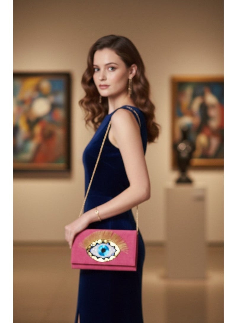 zoba Elegant women's wallet bag with a gold chain - can be worn crossbody or clutch - distinctive and luxurious eye design for outings and occasions (fuchsia) - Image 3